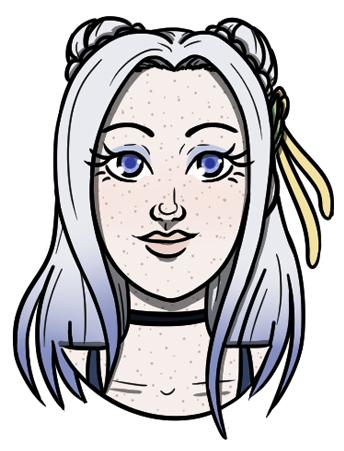 Ellsee, a feminine person with pale freckled skin, long white and blue hair that is partially up in two buns, periwinkle blue eyes and soft blue eyeshadow.